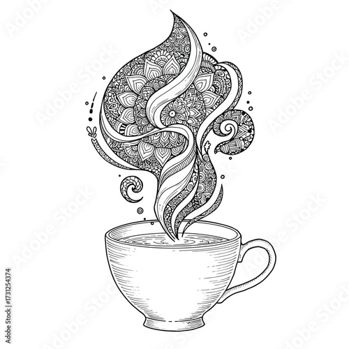 Line art drawing of a teacup with steam forming mandala patterns