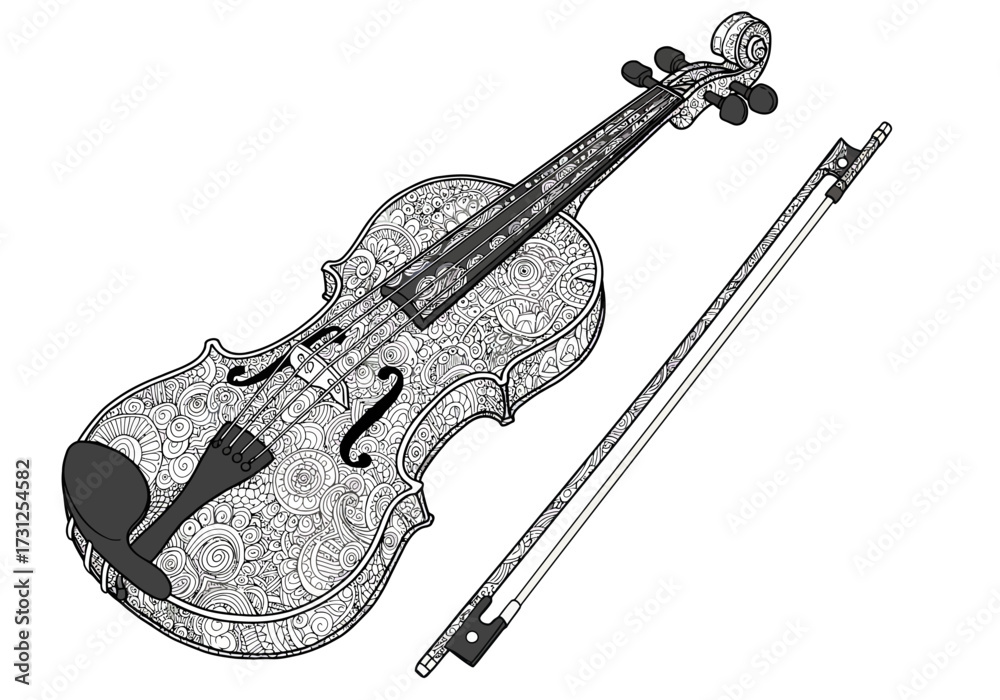 Obraz premium Violin and bow decorated with zentangle designs, line art, black and white
