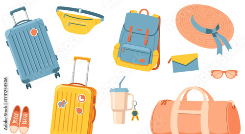 Vector art of collection of travel accessories and luggage