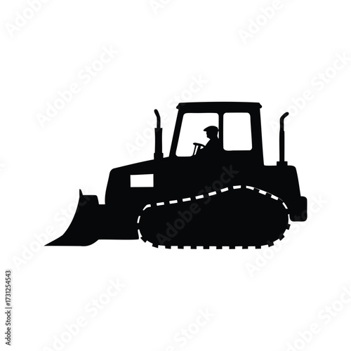 Bold Black Silhouette of a Powerful Bulldozer Machine and its Operator, bulldozer silhouette vector illustration