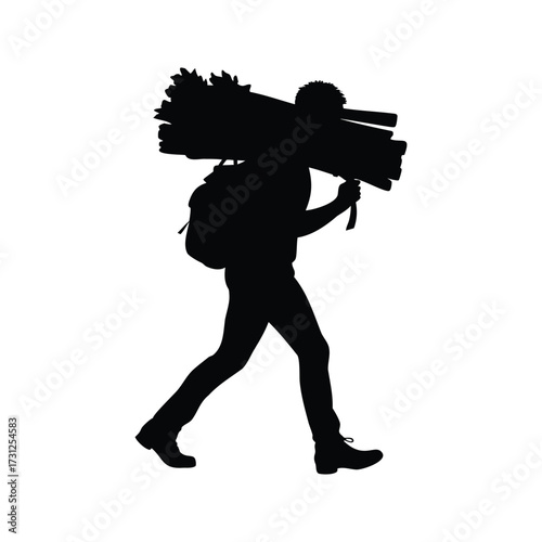 Silhouette of a man carrying wood logs on his shoulders while walking, camper carrying firewood silhouette vector illustration