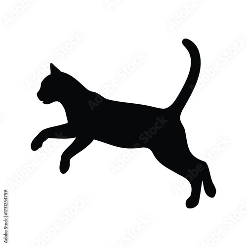 Silhouette of a leaping domestic cat with an arched back and tail, cat jumping silhouette vector illustration