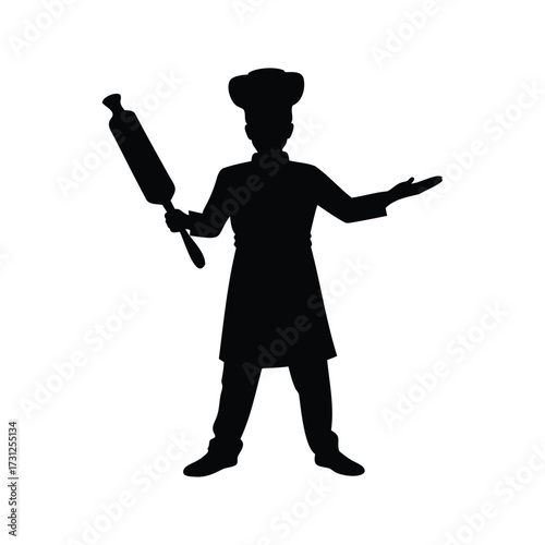 Silhouette of a chef holding a rolling pin and gesturing welcomingly, chef with rolling pin silhouette vector illustration