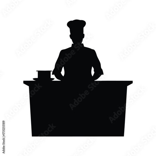 Silhouette of a chef standing behind a counter with his hat on, chef working at counter silhouette vector illustration