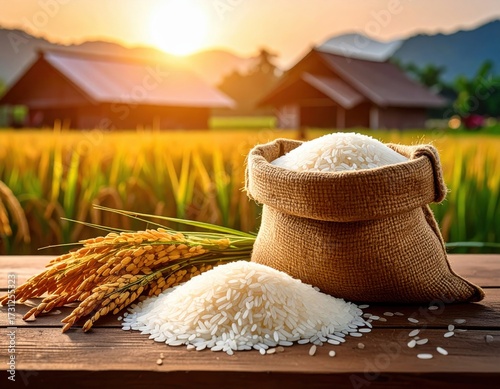 a pile of rice spilled from a sack on a wooden table.