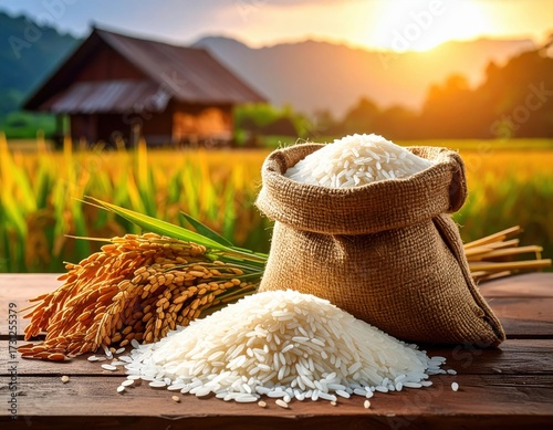 a pile of rice spilled from a sack on a wooden table.