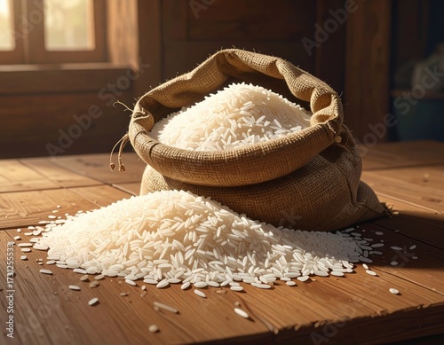 a pile of rice spilled from a sack on a wooden table.