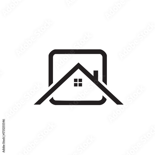 This minimalist black and white graphic icon elegantly depicts a modern house roof within a rounded square, symbolizing real estate, property, and secure housing solutions.