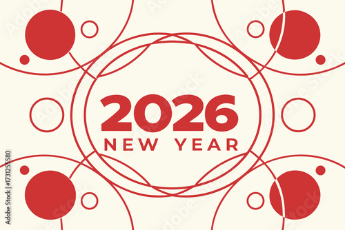 2026 New Year celebration graphic with red circles and abstract lines on cream background vector