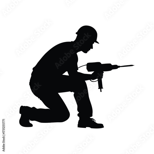 Silhouette of construction worker with drill working hard on a project, construction worker drilling silhouette vector illustration