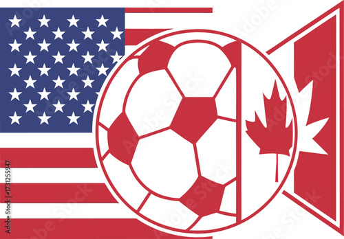 American and Canadian flags combined with a soccer ball graphic football sport