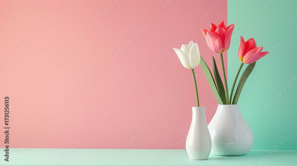 Obraz premium Tulips in vase which are colors pink, white and red. Beauty shines from inside the flowers, there is space for editing text fitting for design. the tulips with combination colors pink and turquoise.