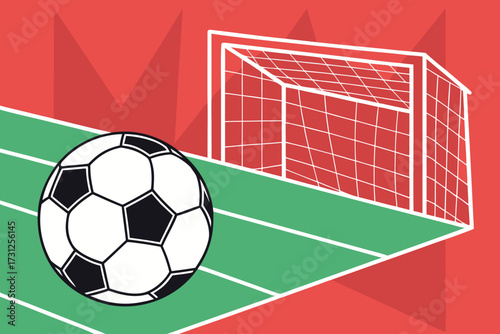 Black and white soccer ball on green field with white goal net and red background football sport