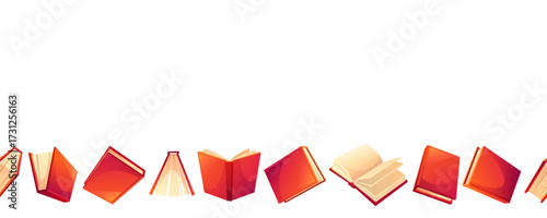 Horizontal seamless pattern of red books. Bright design, template for a bookstore, book shop, library, literary events, for in store sales.