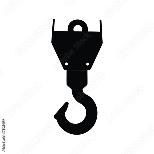 Heavy duty hoisting crane hook, equipment for construction and industrial work, crane hook silhouette vector illustration