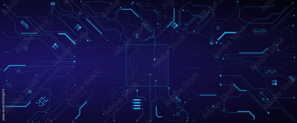 Fototapeta premium Empty semiconductor on circuit board blue background. Technology Semiconductor on Blue Background.