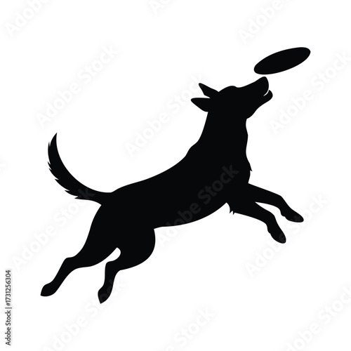 Silhouette of a dog jumping to catch a frisbee in midair, dog catching frisbee silhouette vector illustration