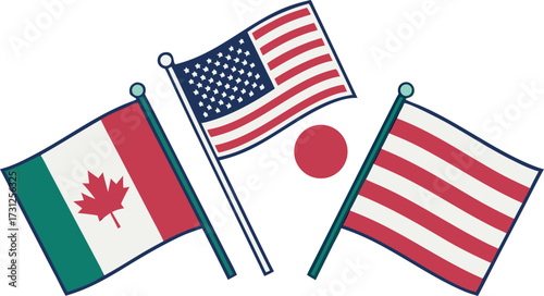 Canadian American Japanese flags waving together on poles representing international relations Canada