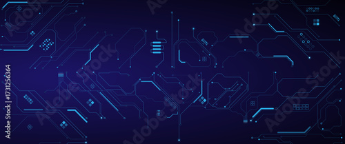 Glowing light blue neon AI chip with thin circuit contact lines. Technology lines circuit and dots on blue background, circuit board network connection
