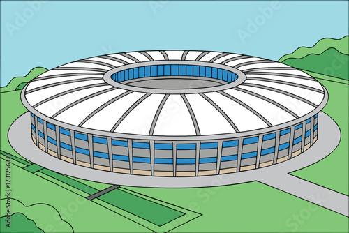 Circular stadium with white roof and blue windows surrounded by green hills and blue sky arena sports venue