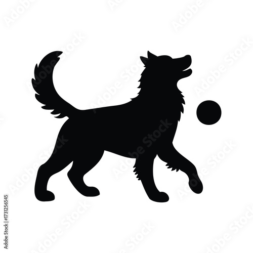 Silhouette of playful dog with fluffy tail chasing a ball, joyful canine, dog playing with ball silhouette vector illustration
