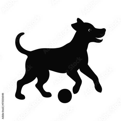Silhouette of a playful dog dribbling a ball on white background, dog playing with ball silhouette vector illustration