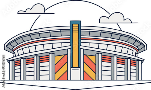 Flat illustration of a modern stadium with clouds and abstract design elements arena sports venue