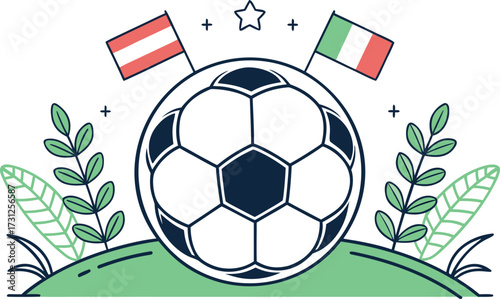 Football with Austrian and Italian flags and green foliage on white background soccer ball soccer