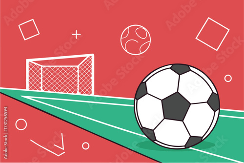 Flat illustration of a soccer ball on a green field with a goal and abstract shapes football sport
