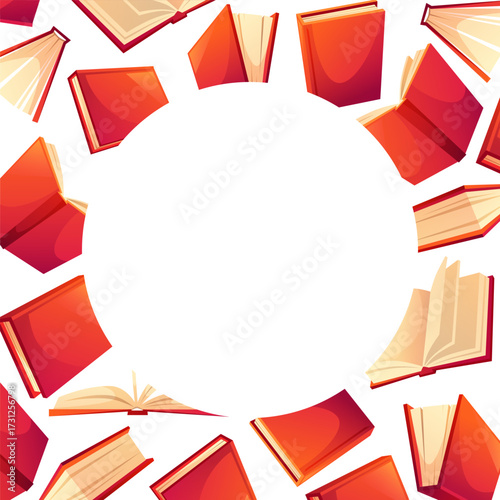 A template featuring a frame of red books with empty space for text. Colorful textbooks in various positions. Concept for book sales, book forums, libraries, bookstores, and back to school.
