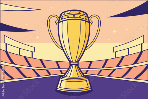 Golden trophy on stadium background with abstract shapes and stars award winner