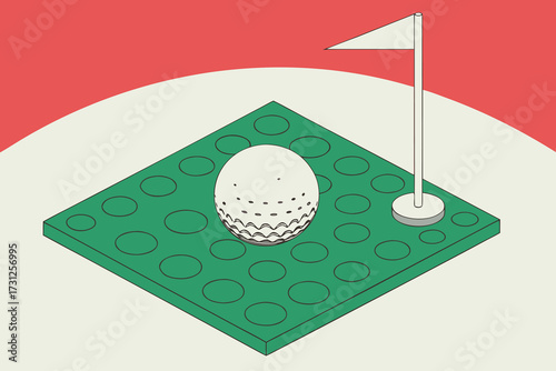 Golf ball and flag on green building block platform isometric view golf flag construction toy