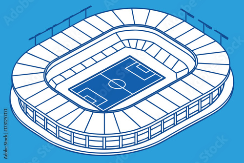 Isometric blue and white line art soccer stadium with field and stands football stadium sports arena