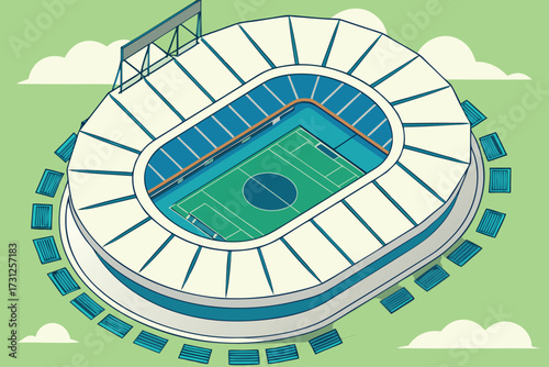 Isometric cartoon soccer stadium with green field blue seats and cream roof football sports