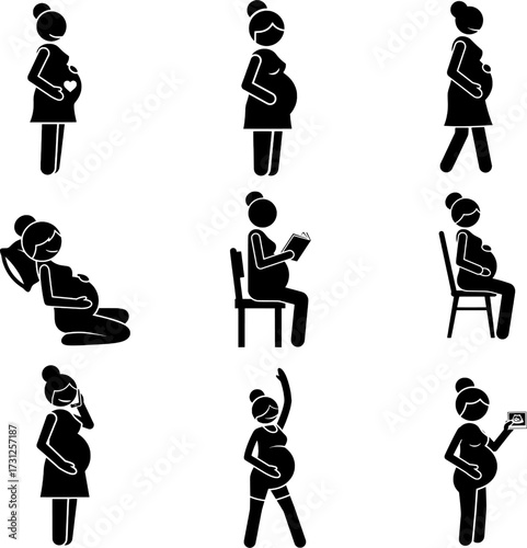 Pregnant Woman Poses and Pregnancy Activities Icon Set