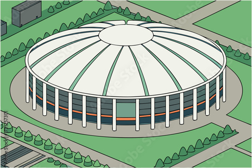 Isometric illustration of a domed stadium with surrounding green landscape and buildings arena domed building