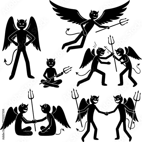 Devil, Demon, and Fallen Angel Stick Figure Icon Set