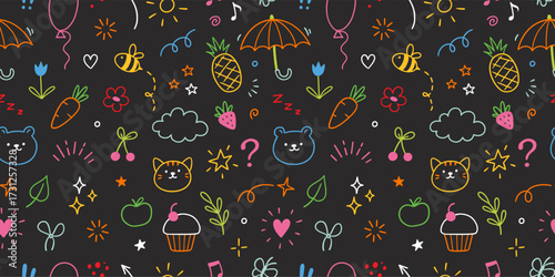 Cute icon kid pattern. Seamless vector pattern with happy baby animals face and fun cartoon elements. Playful sketchy design with hearts, stars, and creative hand drawn illustrations