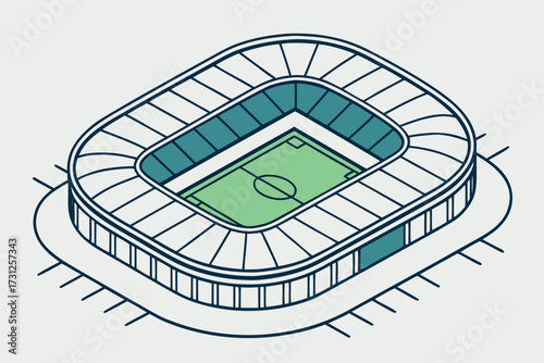 Isometric illustration of a football stadium with green field and teal seating soccer stadium sports arena
