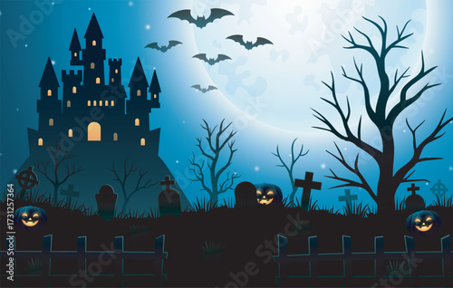 Halloween night background with castle, graveyard and full moon