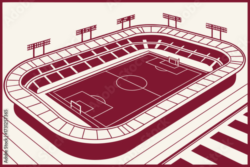 Isometric illustration of a maroon and cream soccer stadium with floodlights and field markings football stadium