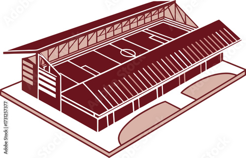 Isometric illustration of a maroon and beige sports stadium with a football field football stadium soccer stadium