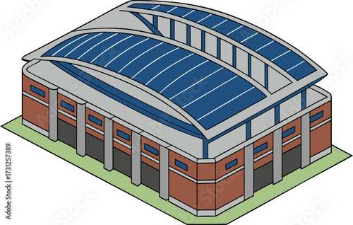 Isometric illustration of a modern building with a curved blue solar panel roof and brick facade architecture