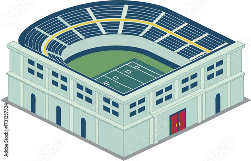 Isometric illustration of a sports stadium with a football field and seating arena