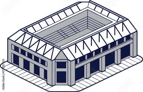Isometric illustration of a sports stadium with dark blue and grey accents arena building