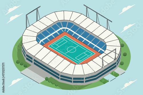 Isometric illustration of a sports stadium with green field and blue seats arena