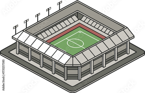 Isometric illustration of a sports stadium with green field and seating soccer football