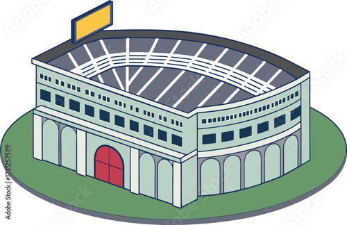 Isometric illustration of a sports stadium with yellow billboard and red arched entrance sports arena