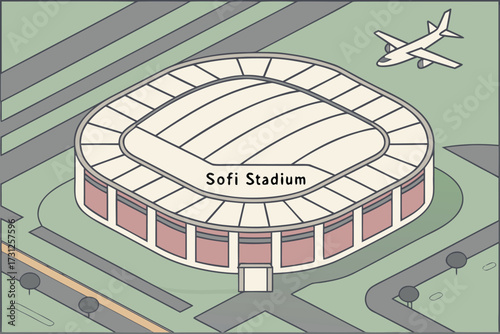 Isometric illustration of Sofi Stadium with airplane flying overhead and surrounding roads sports venue