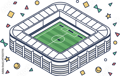 Isometric soccer stadium with green field and colorful confetti shapes football stadium isometric view